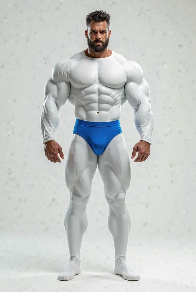 Créée moi une image d'un homme musclé dans un morphsuit blanc avec un caleçon boxer bleu réaliste 