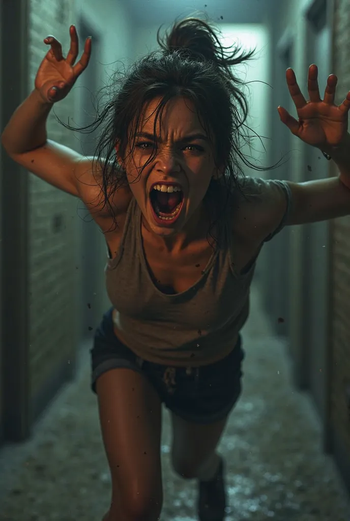 "A 3D-rendered girl with messy hair, mid-scream, as she gets jump-scared by something. Her arms are raised, her mouth is open in terror, and her legs are slightly bent as if she’s about to run."