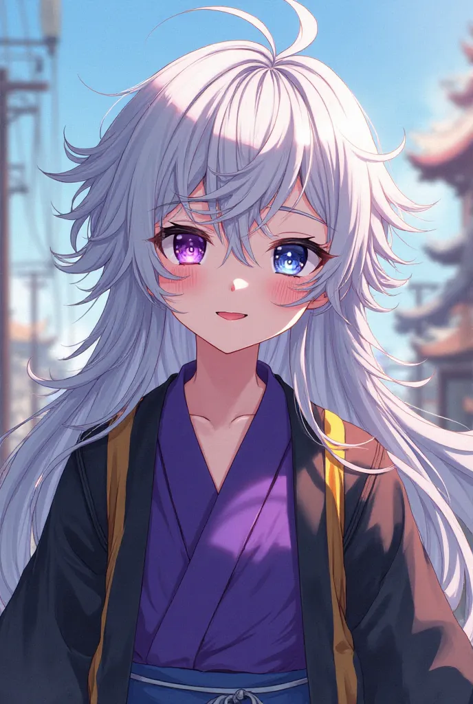 Smiling anime boy with extremely long white-gray hair, He wears a purple kimono with a black jacket on top with yellow stripes vertically, his right eye is purple and his left eye is blue,