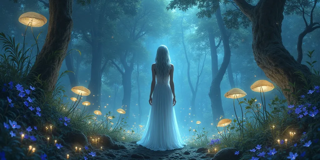 A beautiful woman with flowing silver hair, standing in an enchanted forest illuminated by bioluminescent plants.