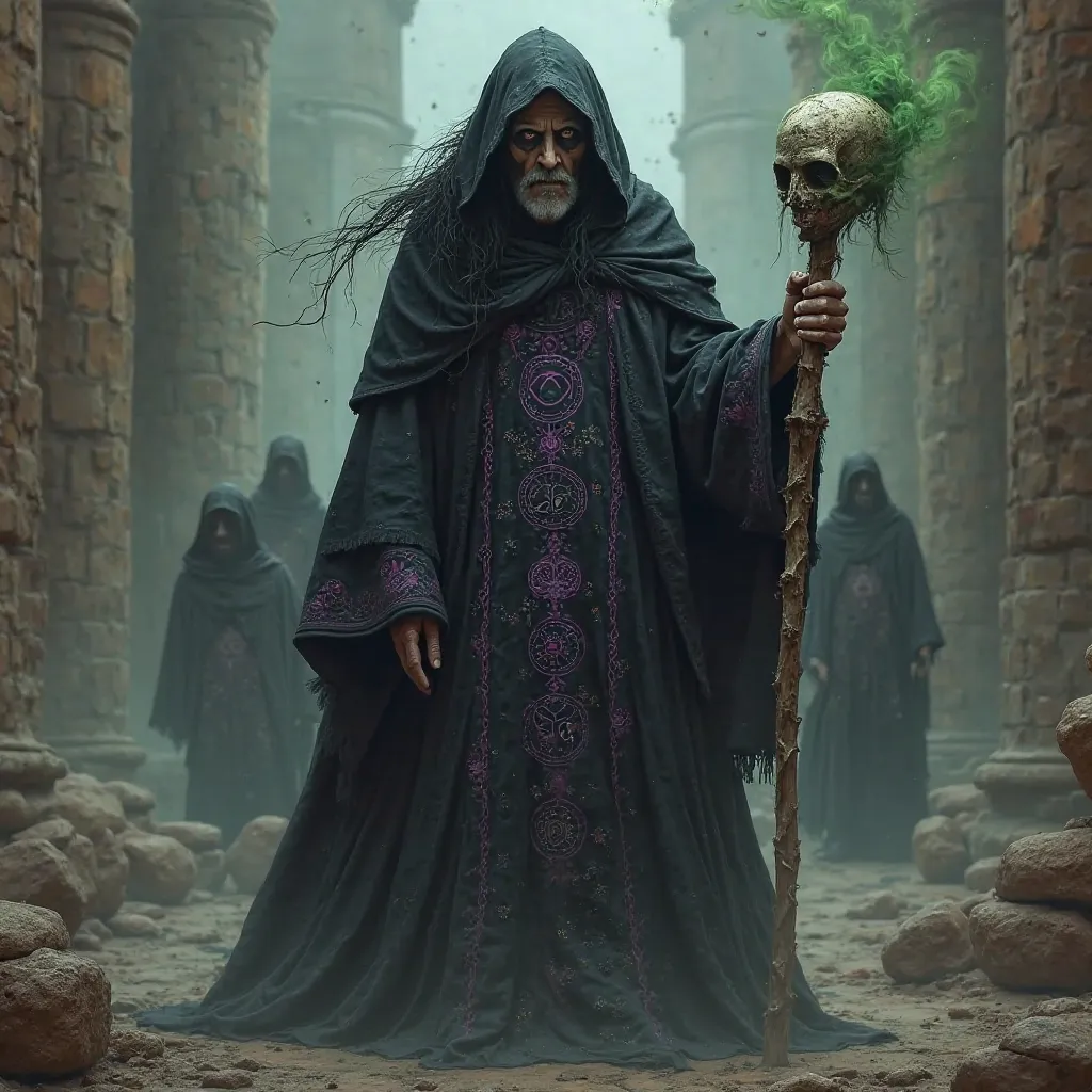 An old ominous Persian necromancer, draped in a long black cloak adorned with intricate dark purple and silver engravings of ancient Persian symbols. His hood shrouds most of his gaunt, pale face, but his eerie black eyes gleam with an unsettling intensity...