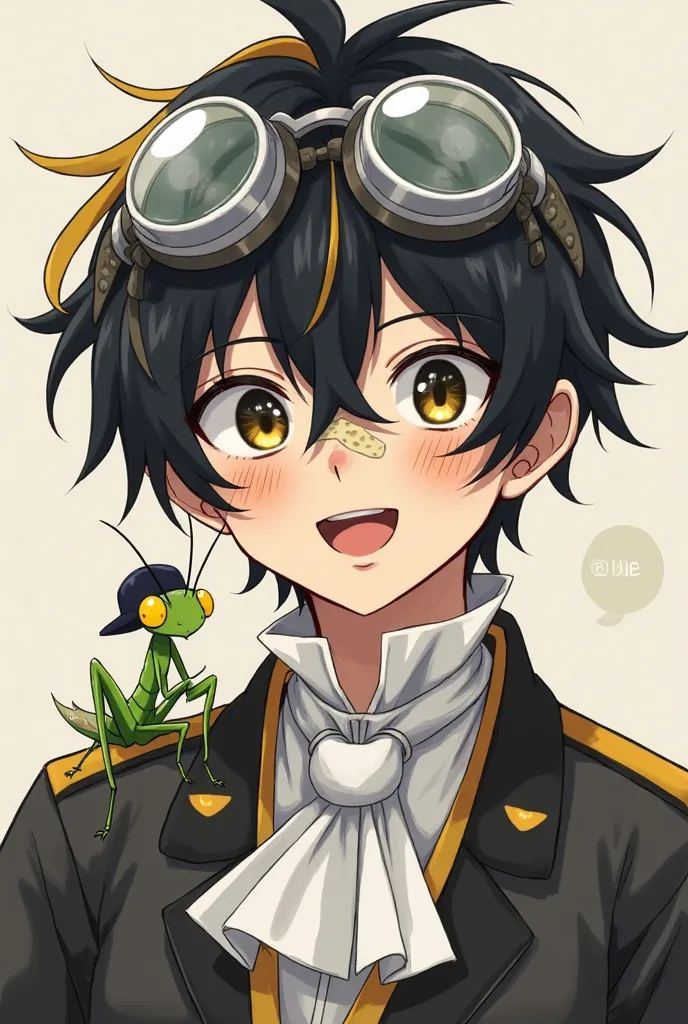 An 18-year-old boy anime version, with scattered black hair with yellow tips, of the transparent goggles placed on the source, expressive eyes , a band-aid on the nose, smiling, dressed like an 1800's nobleman, has a very small praying mantis on her should...