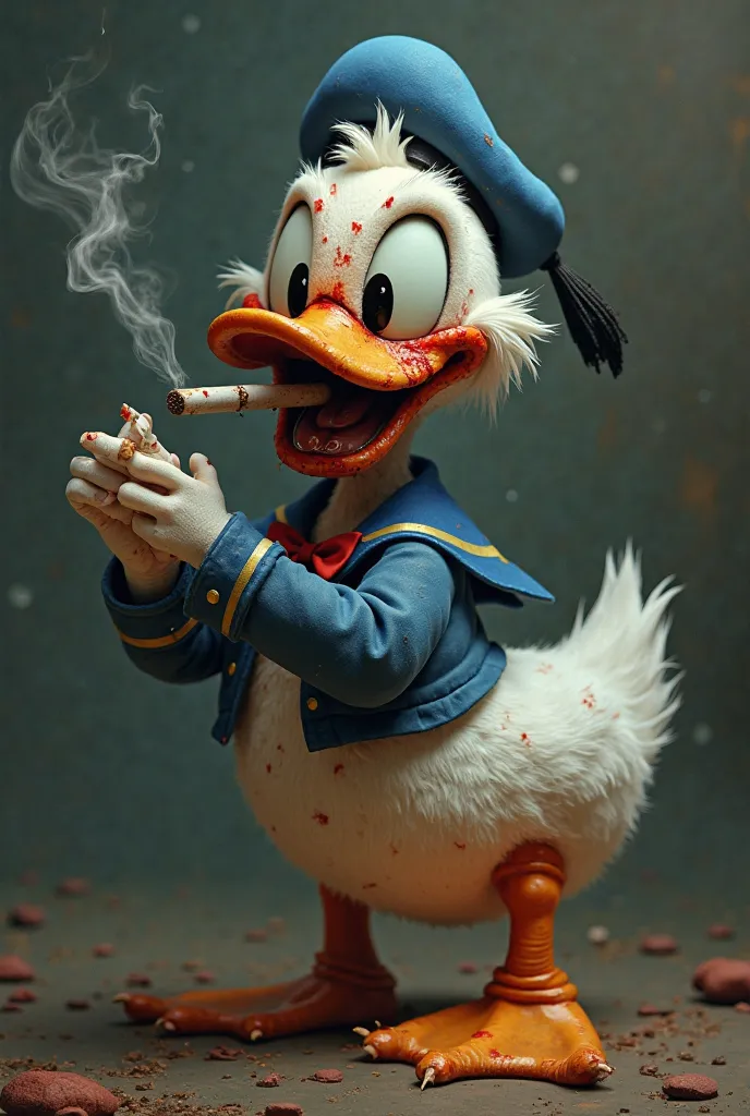 Draw a image of  donald duck  smoking  a cigarette   with a roasted face