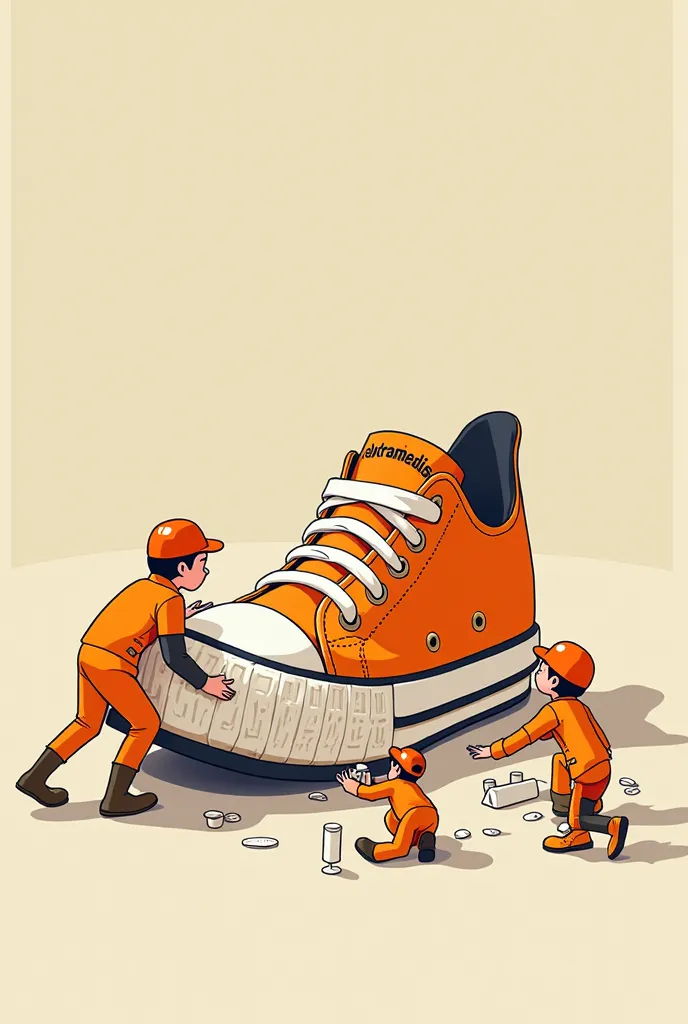 Create Cartoon micropersons with orange uniforms, they're working on a tennis shoes, the shoes has this scription on it "Elextramedios"