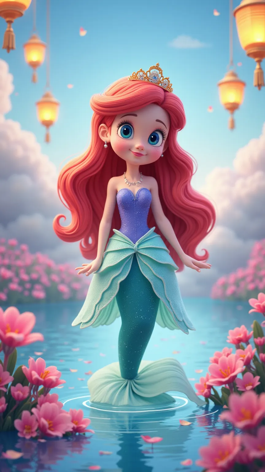 "A charming 3D animated-style illustration for ren, featuring the name 'Ariel' in a playful, decorative font. A lovely princess stands in the middle, wearing a sparkling dress. The background showcases a dreamy fantasy world with floating lanterns, a magic...