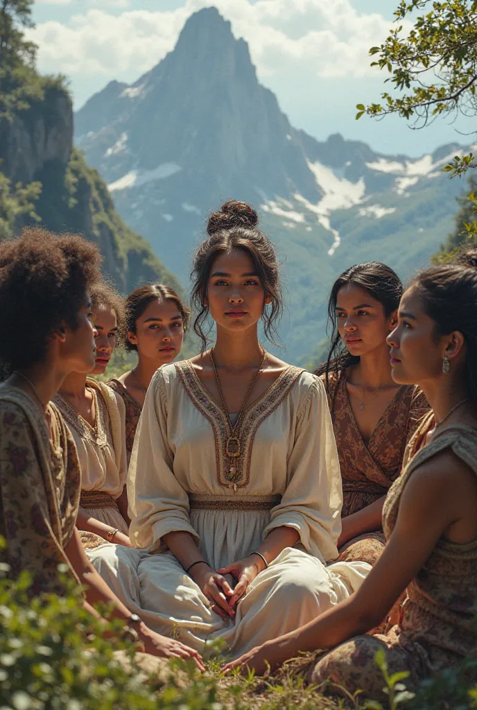 An 18-year-old woman sits on the floor of a mountain surrounded by women 