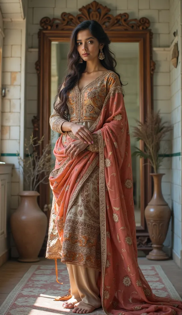 create a pakistani pretty woman standing with a picture pose decent we can also see her feet . in background there is her home and a standing mirror and a vase and white tiles on wall