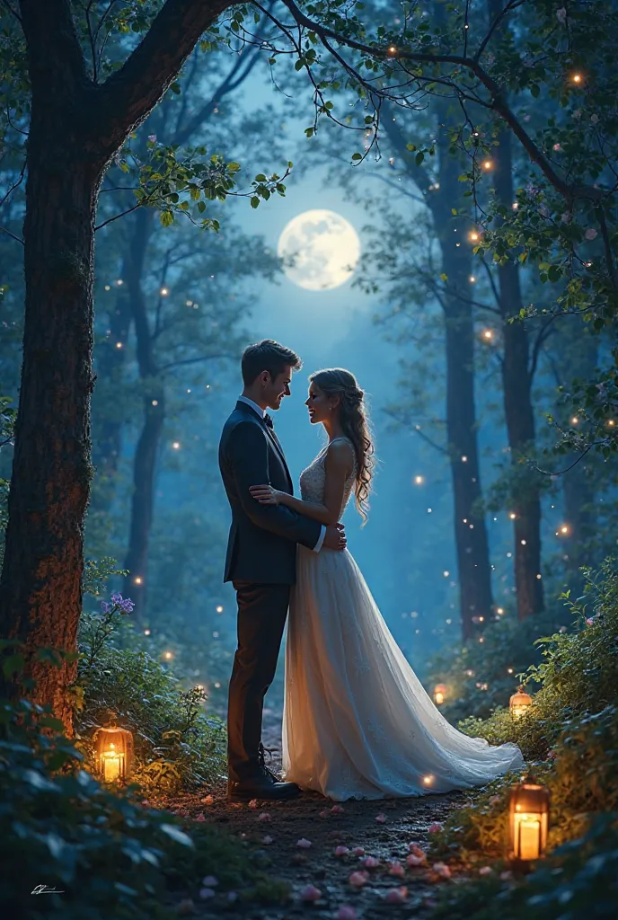 Wedding in the forest at night with moon and fireflies 