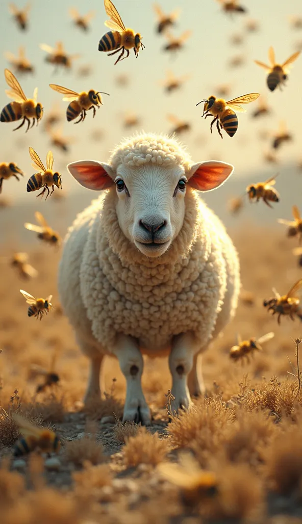 White poor sheep attack by million of honey bees 