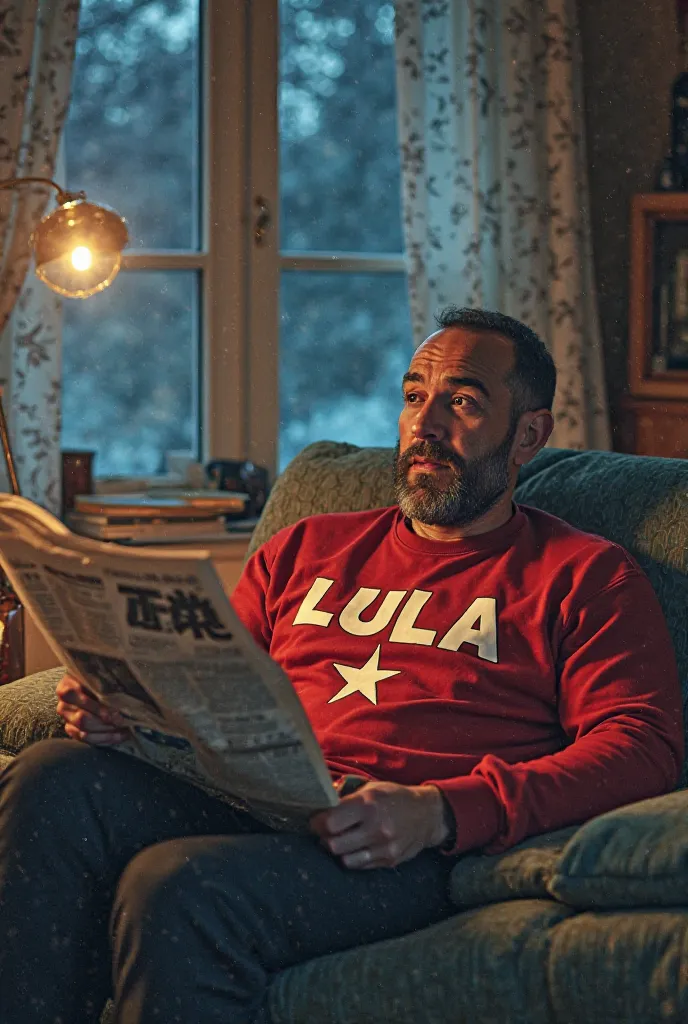 Create a scene where Samuel is relaxing on the couch in his house, reading a newspaper. He is wearing a red blouse with the name “LULA” and a star on the front.Show the transformation of the environment around you, with the temperature changing and a cold ...