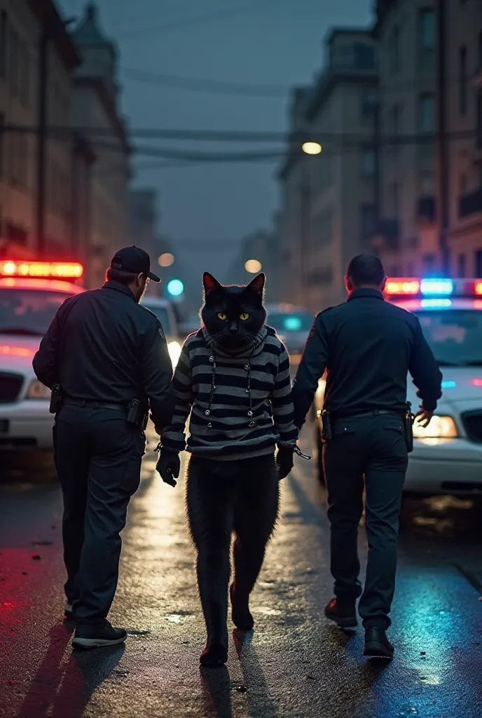 **"On a dark, deserted street, two police cars are parked in the front with their red and blue lights flashing, illuminating the wet pavement. In the center of the scene, a larger-than-usual black alley cat, wearing handcuffs, is being escorted forward by ...