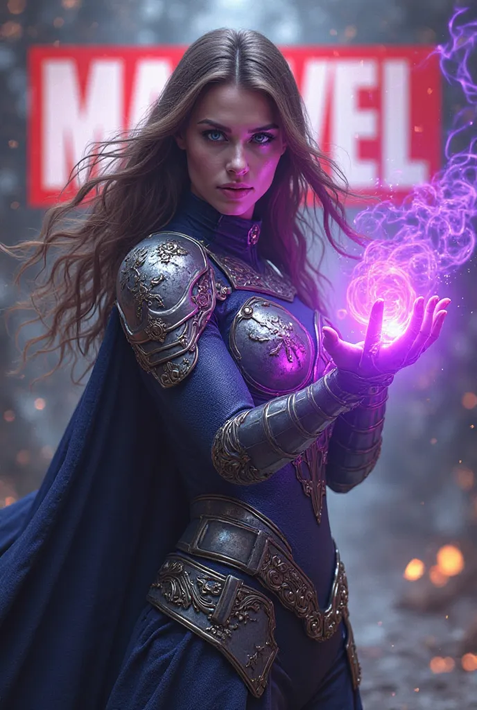 armor a beautiful woman with blue eyes and brown hair with a raised hand and purple powers that come out of it, with the large Marvel logo in the center .