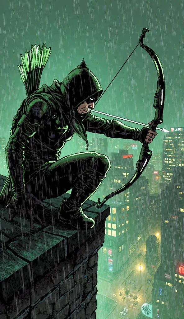 A gritty comic book-style illustration of Green Arrow perched on a rooftop, drawing back his high-tech bow with a glowing green arrow. His hooded costume blends into the shadows, and his sharp eyes focus on his target. The background features a rain-soaked...