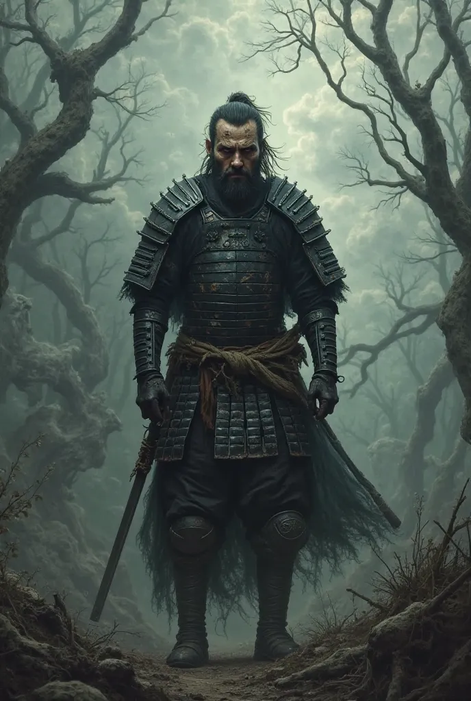 Create an dark fantasy samurai, alone, angry, sad 