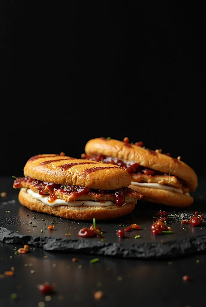 Grilled chicken deviled sandwiches with mayonnaise and sauce, in black theme background, no gray reflection, only black