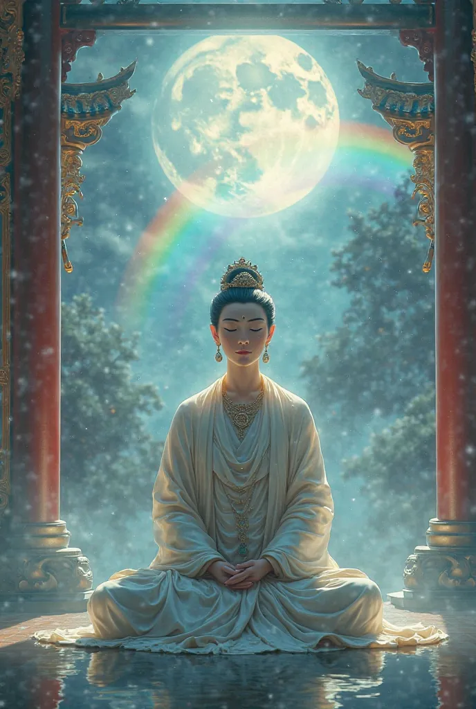 Chinese Guanyin praying at Chinese temple full moon rainbow flying 