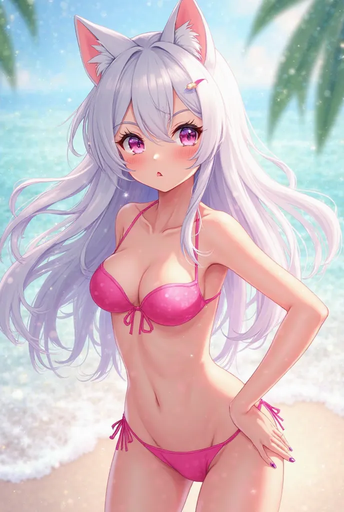 Play an anime character from Pick Me Girl with a pink bikini and cat ears with white hair 