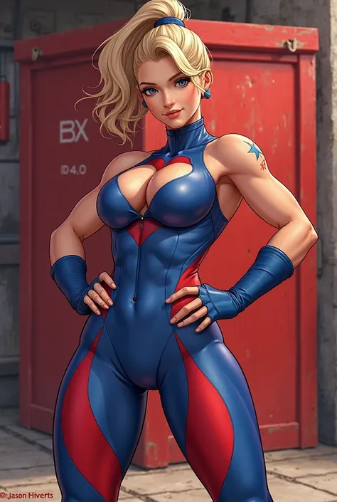 a woman in a blue and red outfit stands in front of a red box, cutesexyrobutts, thick, strong pose, she is ready to fight,  extremely detailed germ art, cammy,  Android 18, por Jason Chan, power pose, insanely inflated hips, King of Fighters character, pos...