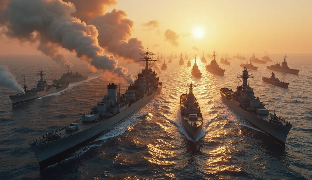 Give me a hyper realistic image of Massive Allied invasion fleet approaching Sicily at dawn, hundreds of ships stretching to horizon during the Hitler war in 1943