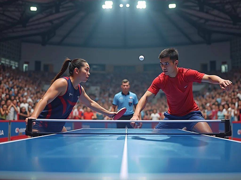 2 people playing table tennis with a referee with an audience