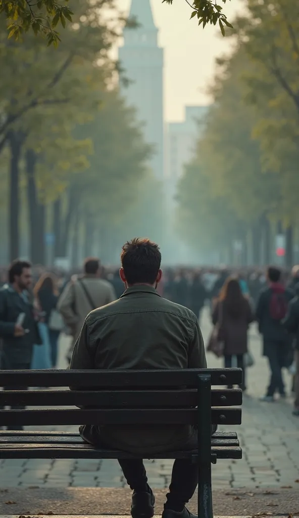 A man sitting on a park bench, surrounded by people talking, laughing, and engaged in conversation, yet he remains unnoticed, staring into the distance. Cinematic loneliness, blurred background.