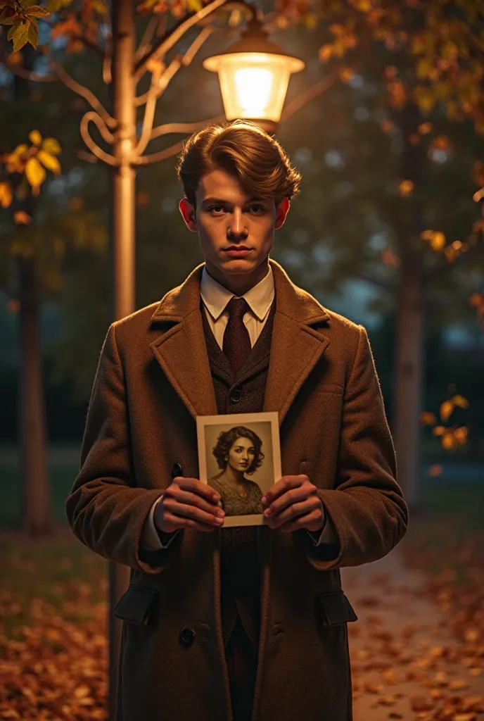 A young man in a warm suit stands under a lantern, holding an old photo in your hands at night. There's a beautiful woman. The view is filled with nostalgia. Leaves swirl in the air around the autumn park.