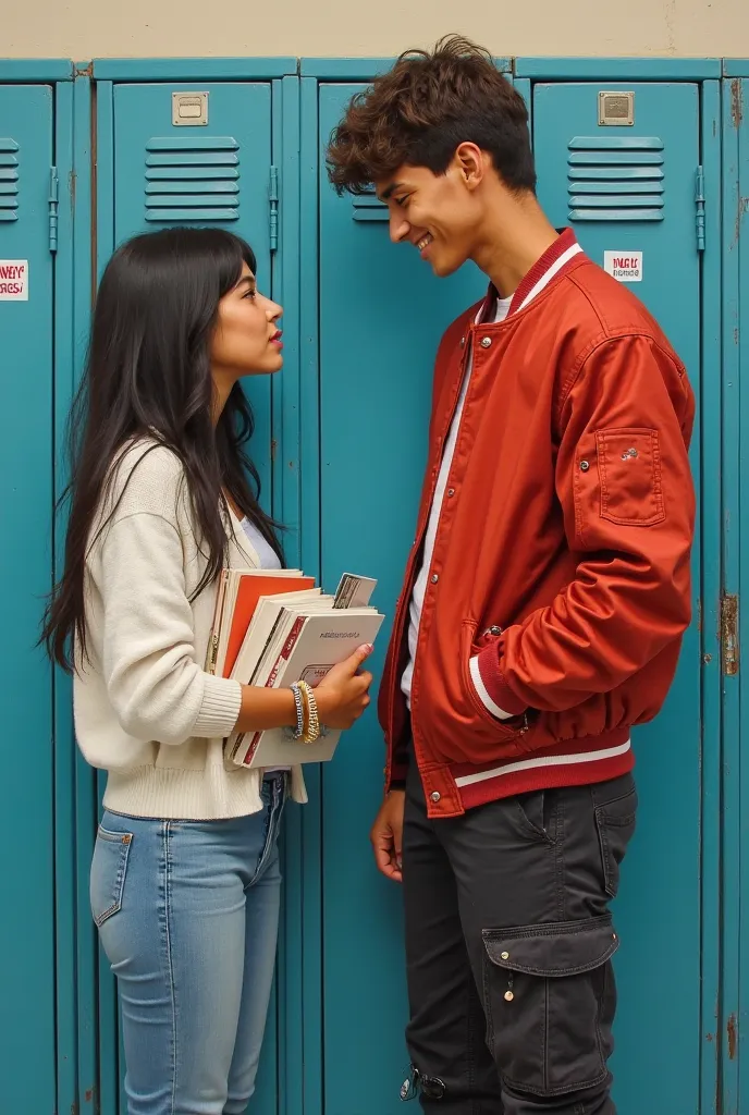 OIL PAINTING A brown girl with long waist-length black hair wearing a white cardigan and blue jeans with some books in her hand glaring at the guy next to her who has a slightly tousled dark brunette hair who smirking looking down at her, is wearing a red ...