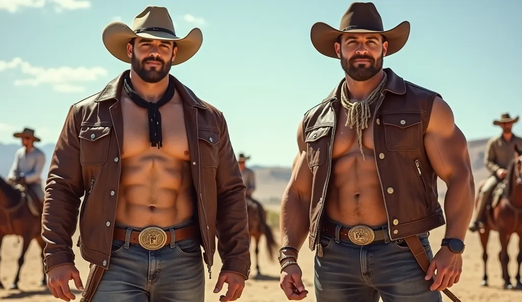 Create two 27-year-old bodybuilder cowboys with well-built but not overly massive physiques. Both wear stylish cowboy outfits with hats, boots, and leather jackets. One has a rugged beard, while the other is clean-shaven. They stand confidently in a Wester...