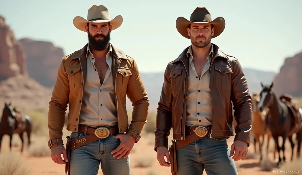 Create two 27-year-old bodybuilder cowboys with well-built but not overly massive physiques. Both wear stylish cowboy outfits with hats, boots, and leather jackets. One has a rugged beard, while the other is clean-shaven. They stand confidently in a Wester...