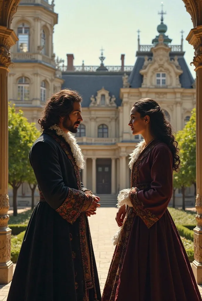 Create an image for me that represents Descartes and Spinoza placed in front of a typical 17th century princess's house