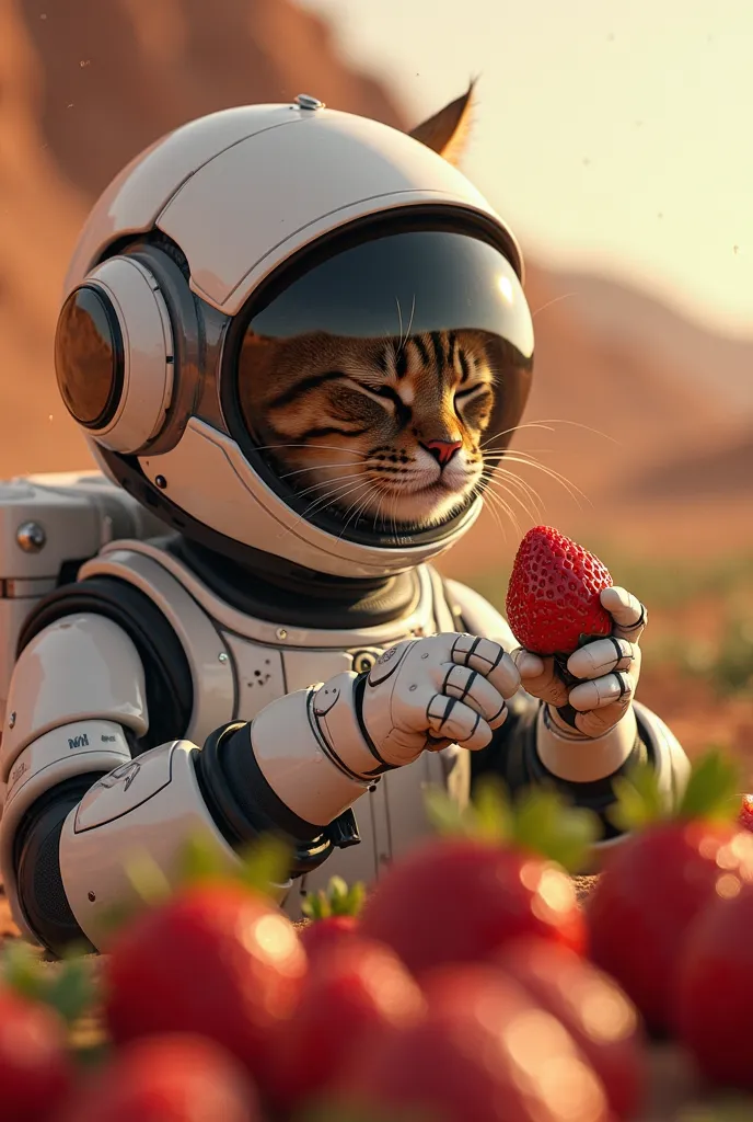 Harvesting and Tasting the First Martian Strawberries
Tesla carefully picks the first batch of ripe strawberries, placing them into a small, airtight storage container. The cat takes a moment to sniff the sweet fruit through the helmet’s ventilation system...