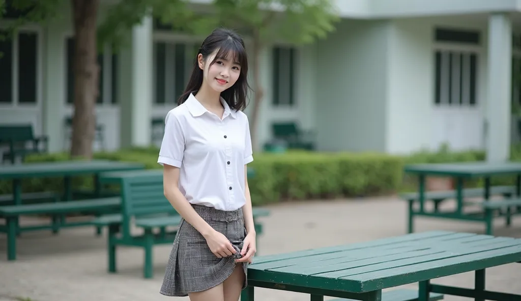 Real photos High-quality Realistic of thai woman, Beautiful girl (((large breast , big breast , nsfw))) , Best Quality, 20 years old thai girl in a school uniform astanding near a green metal table,  She is wearing a white shirt(((large breast , big breast...