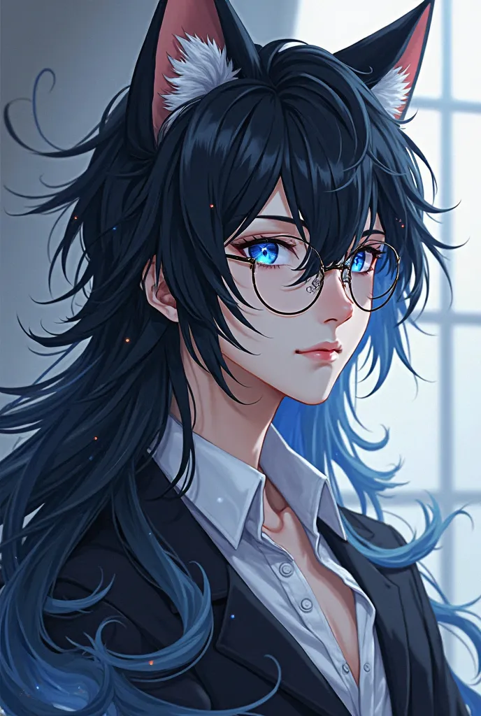 Long haired man anime with cat ears, beautiful blue eyes, black white hair wearing glasses