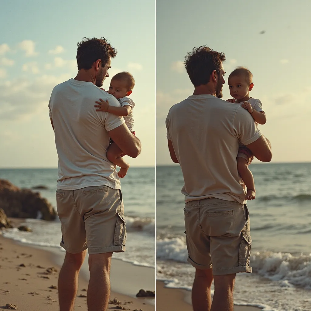 "Le Voyage du Père" – Évolution d’un Homme à travers le Temps
📸 Concept : Une image en deux parties montrant un père dans les années 90 avec son fils bébé dans ses bras (comme un homme jeune et fort), puis en 2025, où son fils adulte le porte avec fierté, ...