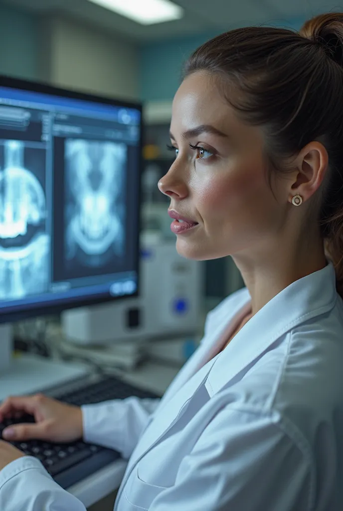 Beautiful woman dentist looks at her computer a panoramic X-ray