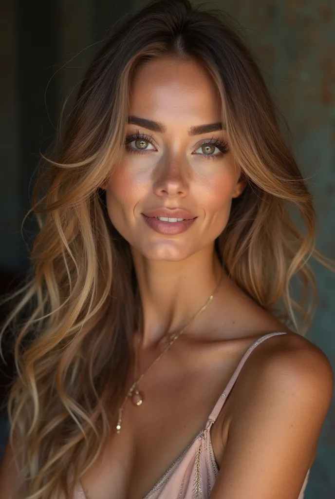 Create me a woman of 22years. Of French-Italian nationality. With the shape of the diamand face, with almond eyes, with an inviting regrad, with the eyebrows and with a gradient cut for long hair. With external light on are face