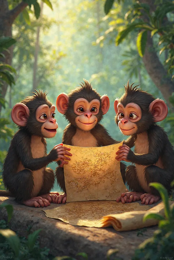  Scene 2: The monkey shows the map to his friends