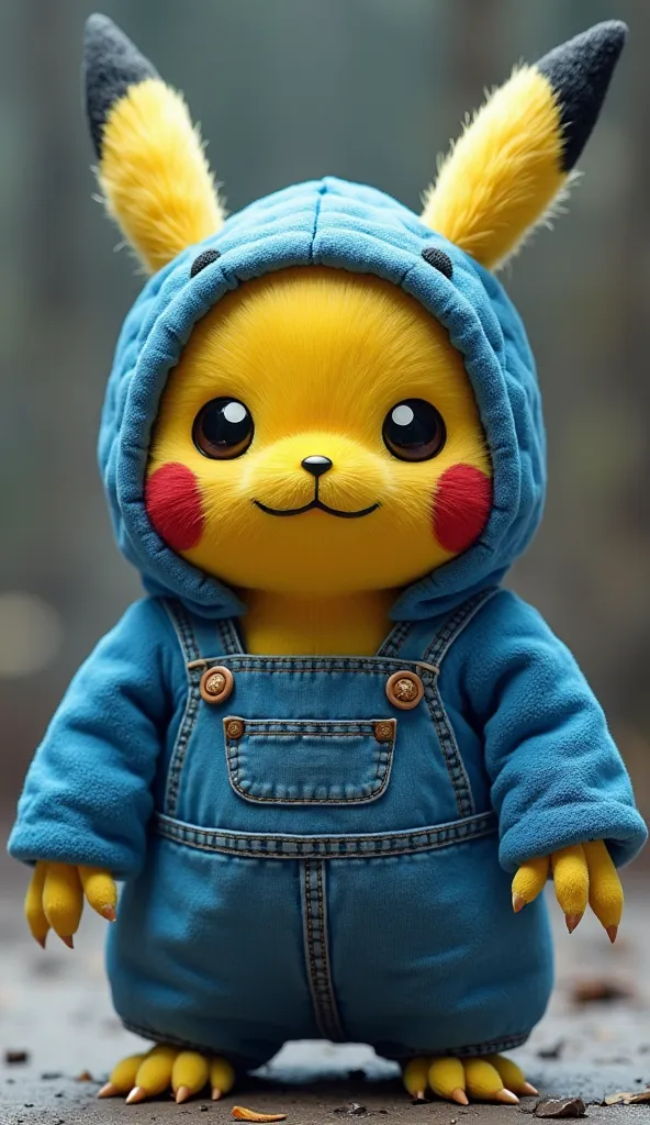 Pikachu, wearing a blue hood resembling Snorlax’s face, along with blue overalls and clawed gloves, full body view, super realistic and detailed, super cinematic, 4k.