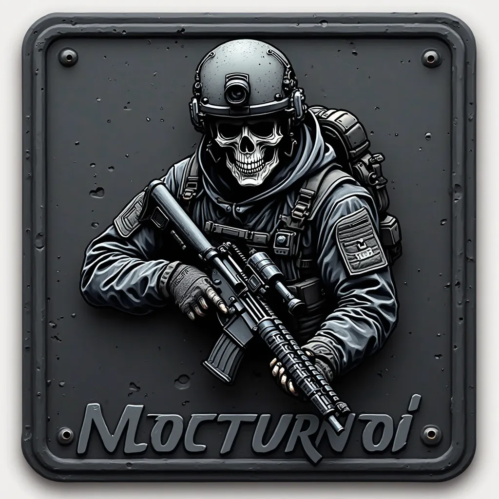 Create art in a rectangular shape, For patch rubberized emblem, vector, dark color, image of a skull wearing a night vision helmet, combat posture, holding an M4A1, Written on the bottom MOSSAD NOCTURNO 