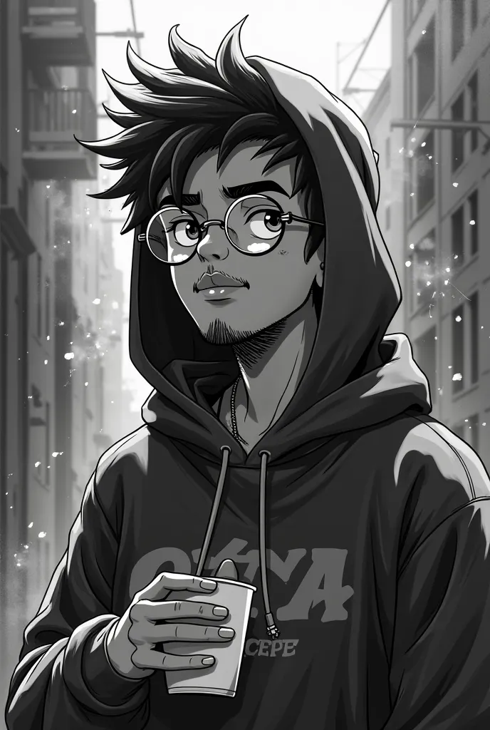 Here’s the refined prompt for your anime-style rap poster in black and white style:

Prompt:
"Create an anime-style illustration of a young rapper in a black-and-white, high-contrast aesthetic. He is wearing a stylish oversized hoodie with a modern urban d...