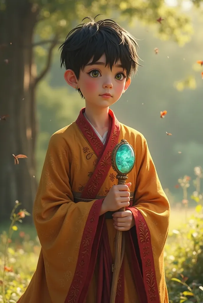 Amets, a  boy with like proportions, bright green eyes, and black hair, stands confidently in a tranquil clearing. He wears a dusk-toned robe in warm amber and deep red—adorned with subtle, swirling motifs—completely suited to his age. He holds a short cop...