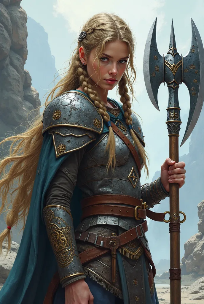 a Norse warrior holding a long axe with both hands, vector, estilo d&d, with braids in her hair , Young