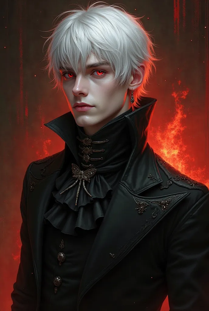 Digital illustration of a Gothic-aristocratic male character with short white hair, and red eyes, pale skin and intense look. Wear historic black formal clothes/vampires, coat with high collar, Soap branco e anel ornamentado. Background with fire behind an...