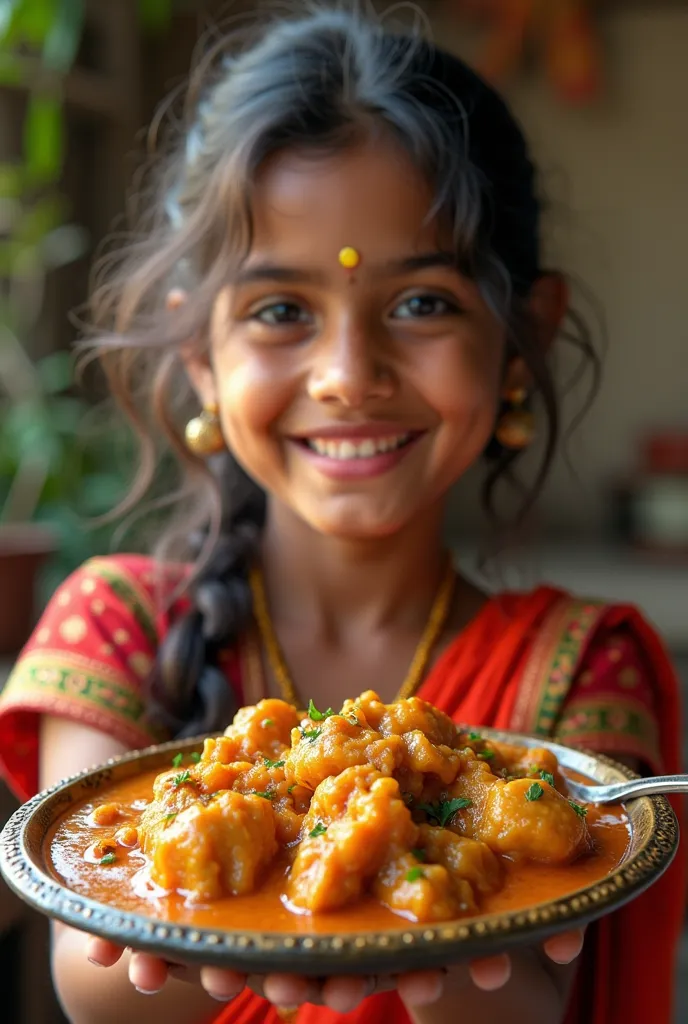 a happy indian girl realistic image  in his hand chicken curry peice , feeding to the camera out of focus, 