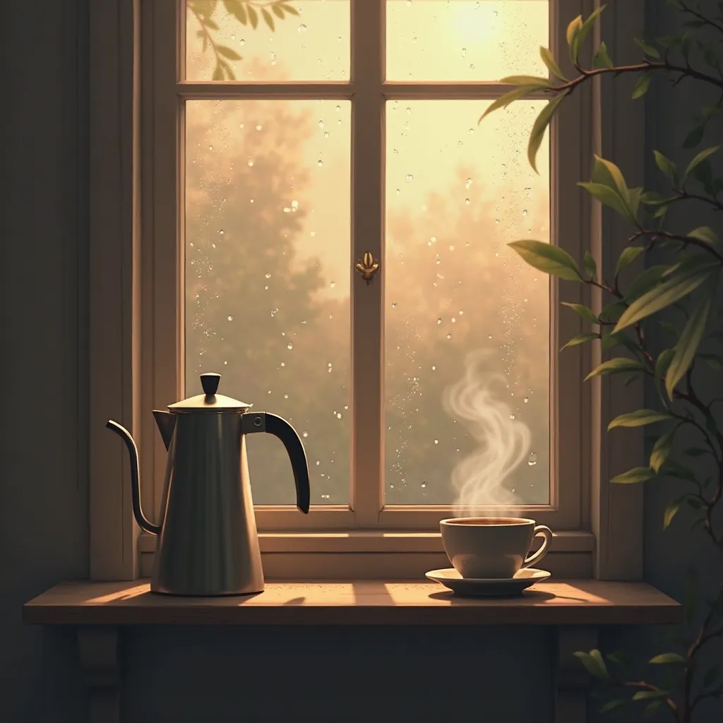 Awakening , Dew drops on the window , percolator, coffee cup, hours in the morning