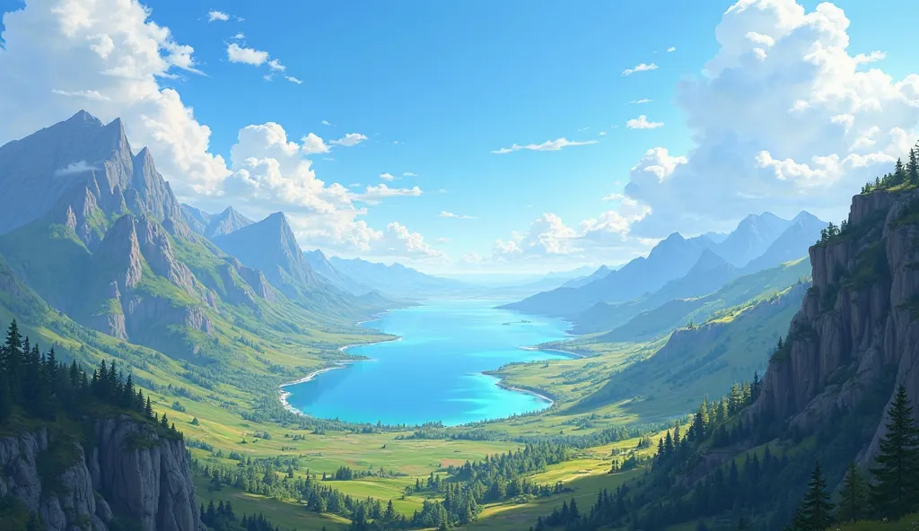  high on the mountain , View of the lake far away, Beautiful sound and blue sky, Empty place with no one. Pixar-style drawing