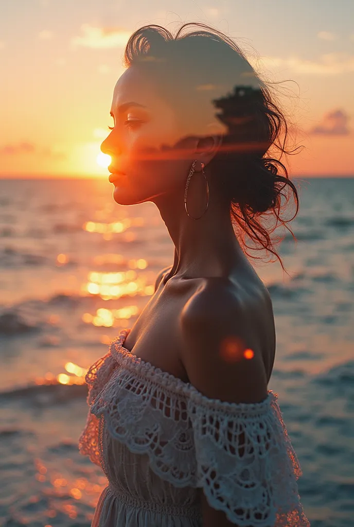 high quality,  8K Ultra HD, Uma bela double exposure que combina uma silhueta de deusa com a costa ao pôr do sol, the coast at sunset should serve as a backdrop, with its details embedded in the goddess,  sharp lines, The background is monochrome, sharp fo...