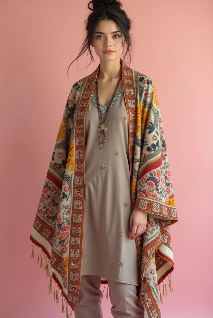 A beautiful young Russian woman big breast slightly smiling in a taupe/beige kurta and pants, with a large black and multicolored shawl draped over her shoulders. Looking at camera The kurta features a subtle all-over print of small, abstract shapes in var...