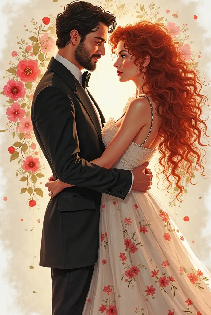 Curly red-haired woman, honey-colored eyes, a ruffled silk dress with white straps with red flowers, elegant black heels. She is face to face with a man.high, black hair and a short beard,   An elegant black suit and elegant shoes . He stands in front of h...