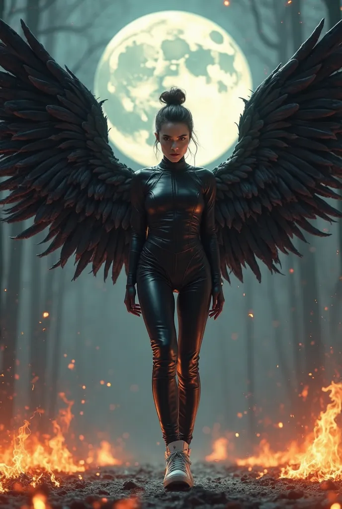 A female comic character, with dark brown hair in a bun, with leather leggings, a black tight top, on the back she has spread black angel wings, and has white sneaker on high sneakers, she is standing in front of the full moon, the ground is covered with f...